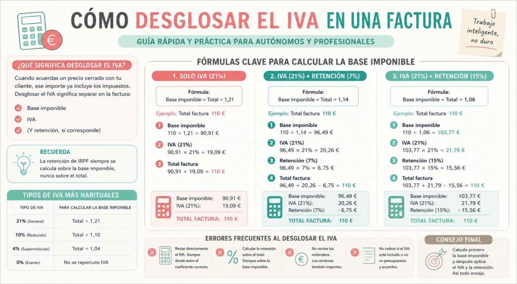 Infografía con los pasos exactos para saber cómo desglosar el IVA en una factura