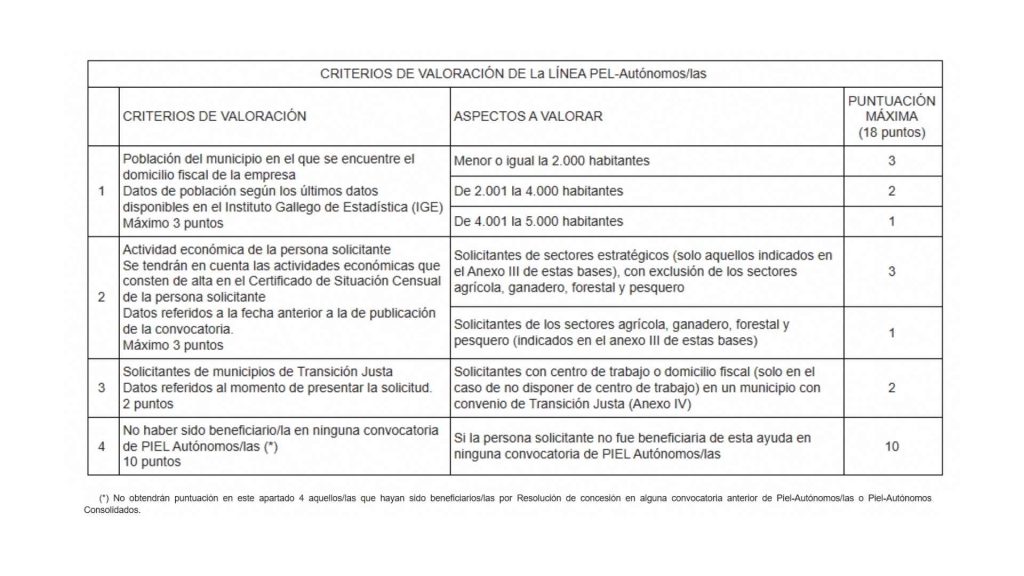 Imagen de la tabla con los Criterios de concesión de las ayudas PEL Autónomos 