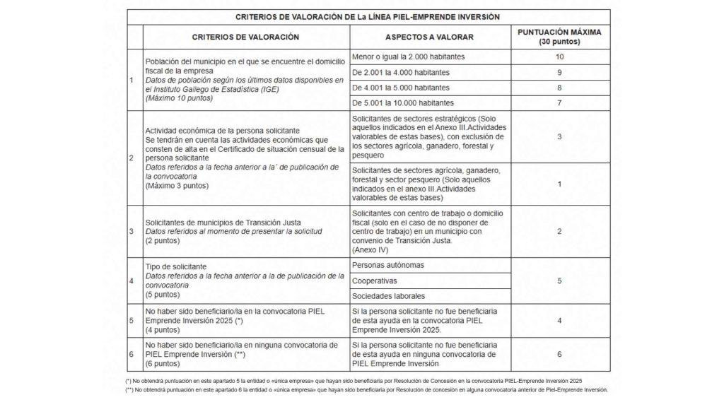 Imagen con la tabla de Criterios e Concesión de las ayudas PEL Inversión 2026
