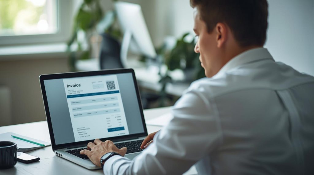 Autónomo revisando en su portátil una factura digital con código QR en la factura en un entorno de oficina moderno.