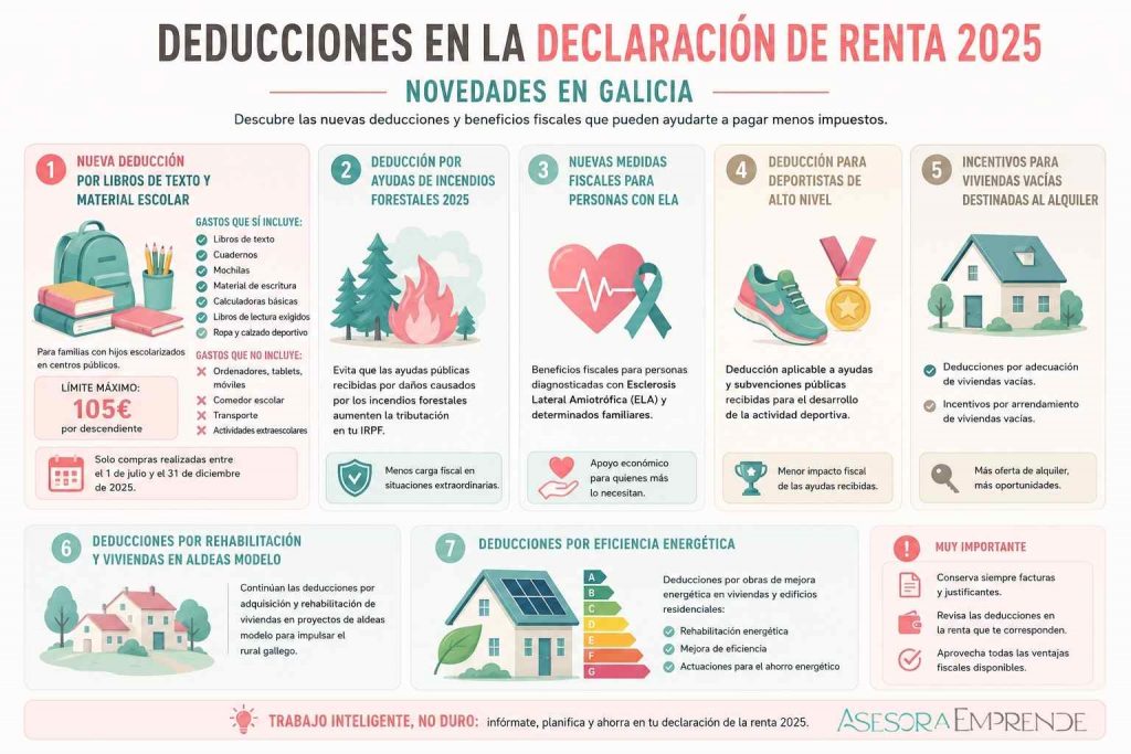 Infografía sobre las deducciones en la Declaración de Renta 2025 en Galicia: deducción por libros de texto, ayudas por incendios forestales, ELA, deportistas de alto nivel, alquiler de viviendas vacías, rehabilitación y eficiencia energética.
