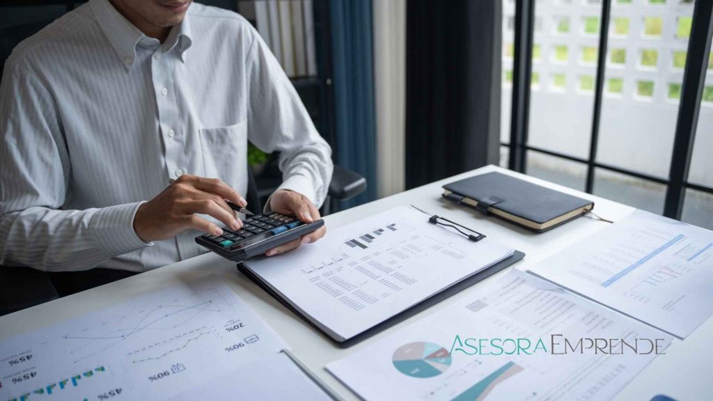 Autónomo calculando el IVA y revisando documentos contables para declarar una factura recibida de Andorra en el modelo 303.