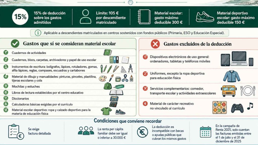 Infografía sobre la deducción de material escolar en Galicia para la Renta 2025 con gastos deducibles, exclusiones, límites y requisitos fiscales.